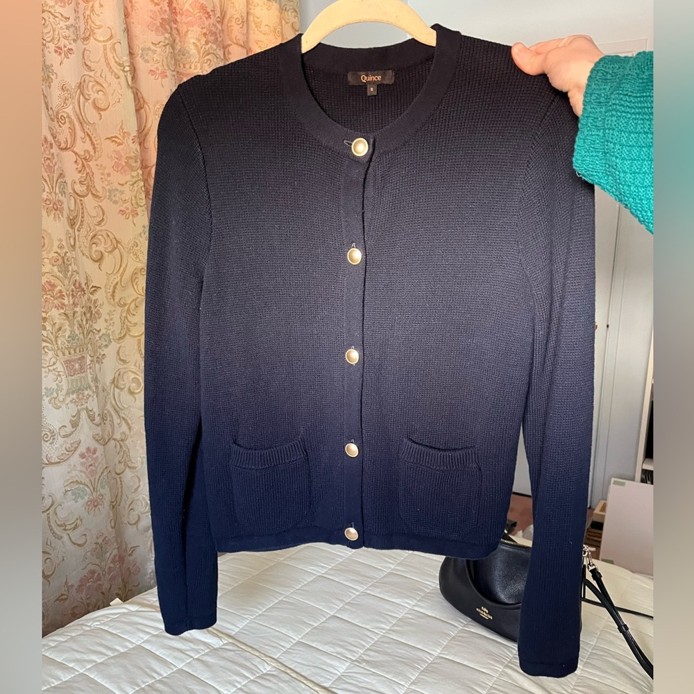 Quince 100% organic cotton black Cardigan jacket with Gold Buttons